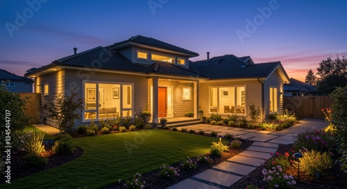 A charming suburban home illuminated at twilight, showcasing modern architecture. The inviting entrance is framed by lush gardens and vibrant flowers, creating a welcoming atmosphere.