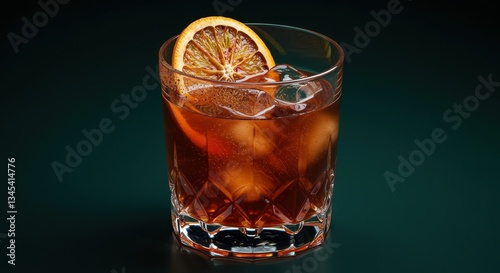 A close-up of a refreshing cocktail in a crystal glass, featuring ice cubes and a slice of dried orange. The vibrant colors and bubbles create an enticing visual for drink lovers.