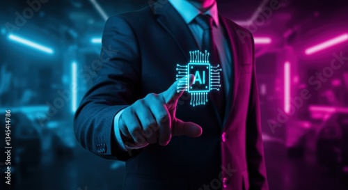 A businessman in a suit interacts with a glowing AI microchip, highlighting the integration of artificial intelligence in technology amidst vibrant blue and pink lighting.