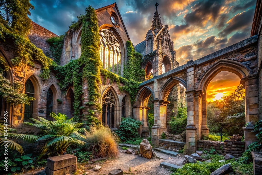 Eerie Skeleton Architecture: Gothic Ruin's Skeletal Remains at Sunset Eerie Skeleton Architecture: Gothic Ruin's Skeletal Remains at Sunset