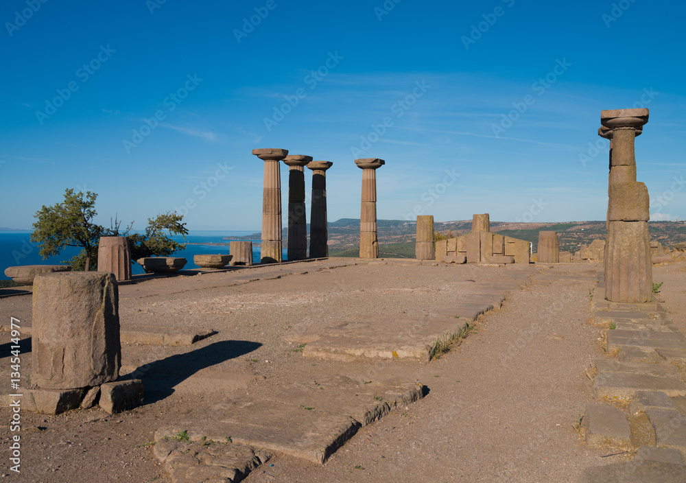 Fototapeta premium Morning at the Temple of Athena in the ancient city of Assos. Acropolis area. Famous ancient cities of Turkey. Ayvacik district, Canakkale city.