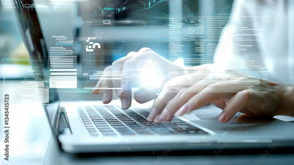 A focused individual typing on a laptop, symbolizing modern work and digital innovation in a professional setting.