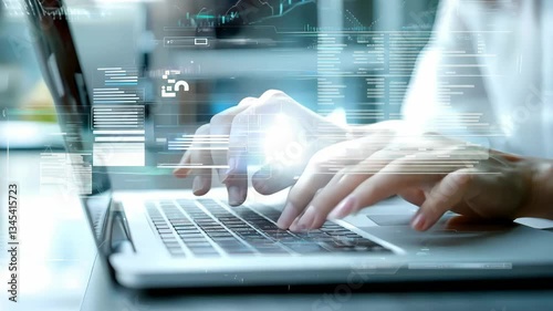 A focused individual typing on a laptop, symbolizing modern work and digital innovation in a professional setting.