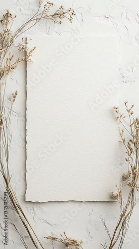 A blank textured paper surrounded by dried flowers on a marble surface.