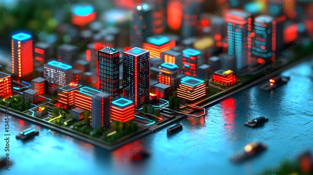 Obraz premium Futuristic 3D AI Powered Limitless Clean Energy Reactor Powering a Vibrant Cityscape with Towering Skyscrapers Intricate Infrastructure and Colorful Illumination