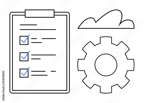 Clipboard with checklist, gear, and cloud outline emphasizing workflow management, task completion, cloud solutions. Ideal for productivity, teamwork, planning, automation cloud technology process