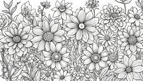 Wallpaper Mural A detailed illustration showcasing a variety monochrome flowers a dense bouquet arrangement. Torontodigital.ca