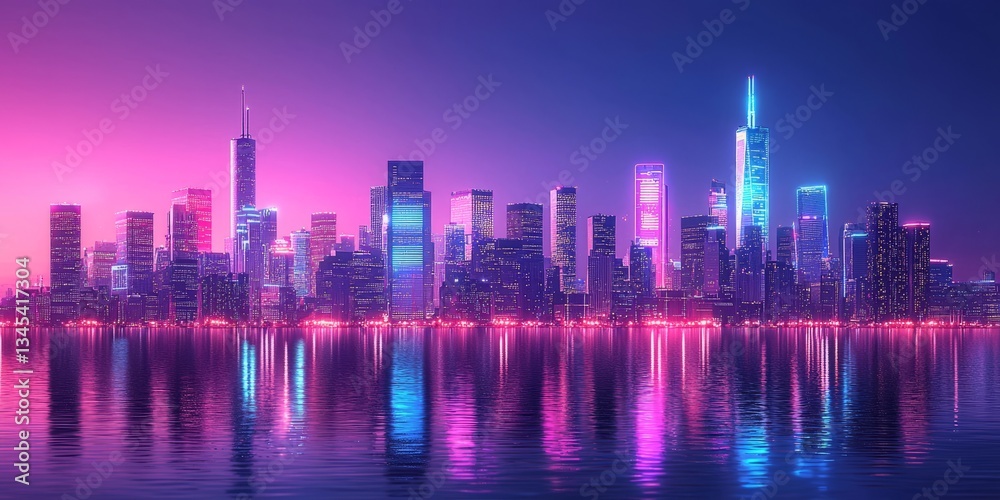 Fototapeta premium Futuristic City Skyline at Night with Neon Lights and Reflection
