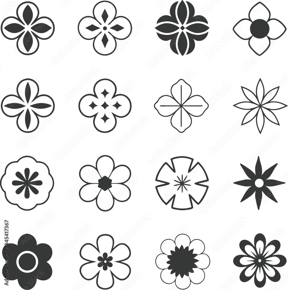 Flowers icon set. Flowers in modern simple flat style. Flower icon collection. Flower elements collection. Cute round flower Flowers icon set. Flowers in modern simple flat style. Flower icon collection. Flower elements collection. Cute round flower