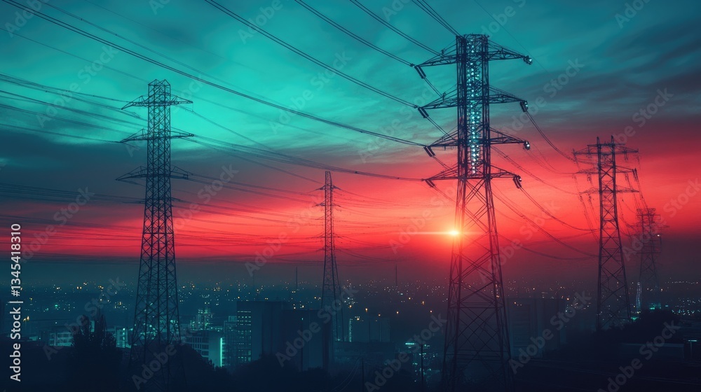 Fototapeta premium Vibrant Sunset Over Cityscape with Electric Towers Silhouette