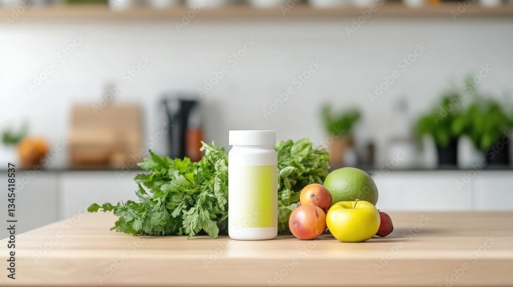 Fototapeta premium Dietary supplement bottle and fresh produce on a kitchen counter