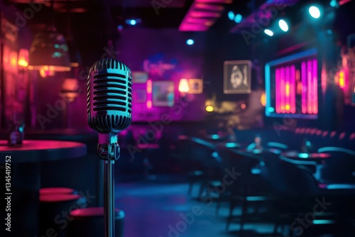 art deco jazz club interior with blue and purple neon accents smoky atmosphere vintage microphone in spotlight