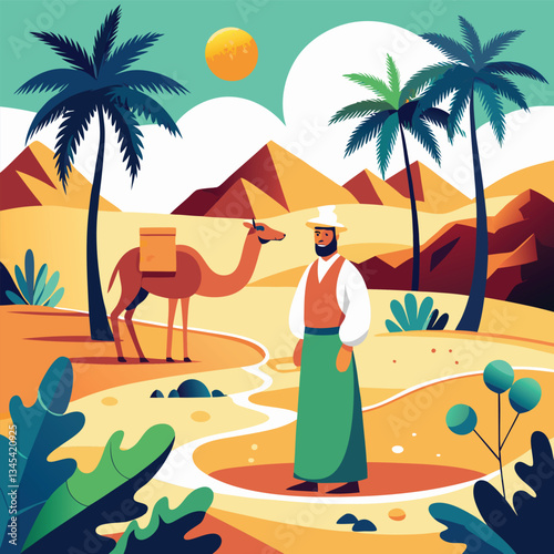 Emirati Man Strolling with Camel amidst Desert Sandscape