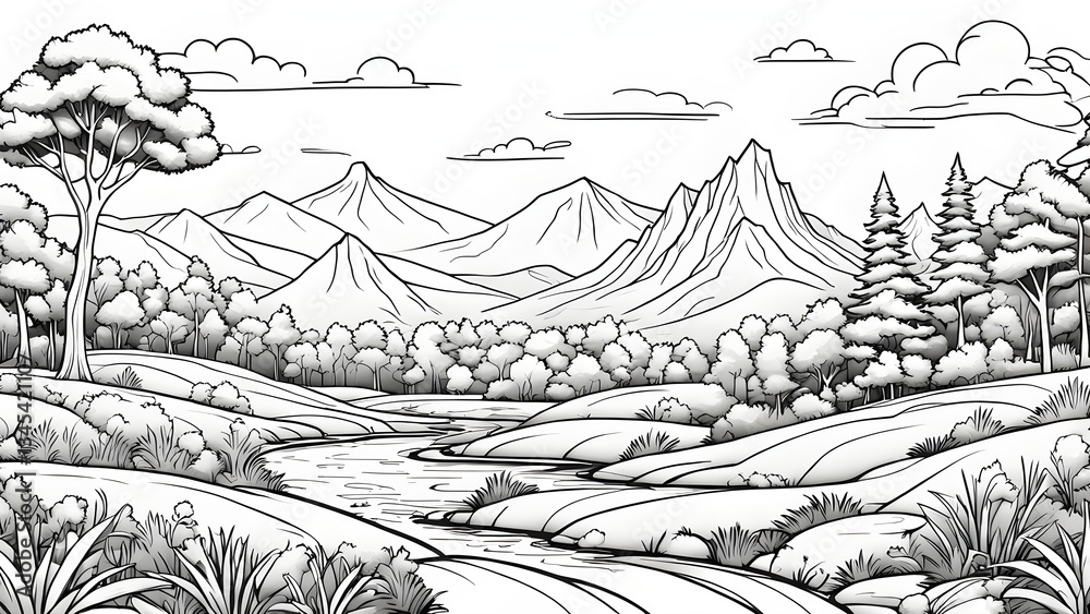 Fototapeta premium Black white illustration a serene river flowing through a valley surrounded lush forests majestic mountains.