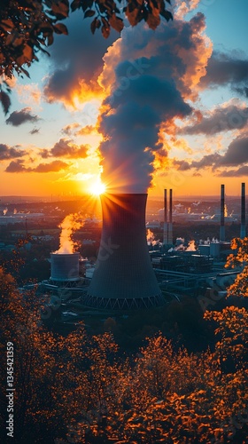 the sun is setting behind the smoke stacks of a nu photo