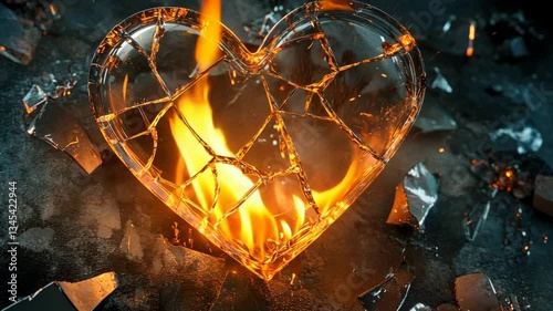broken glass heart with inner fire, glowing cracks, dramatic lighting, set against dark background, symbol of passion and destruction, raw emotional intensity