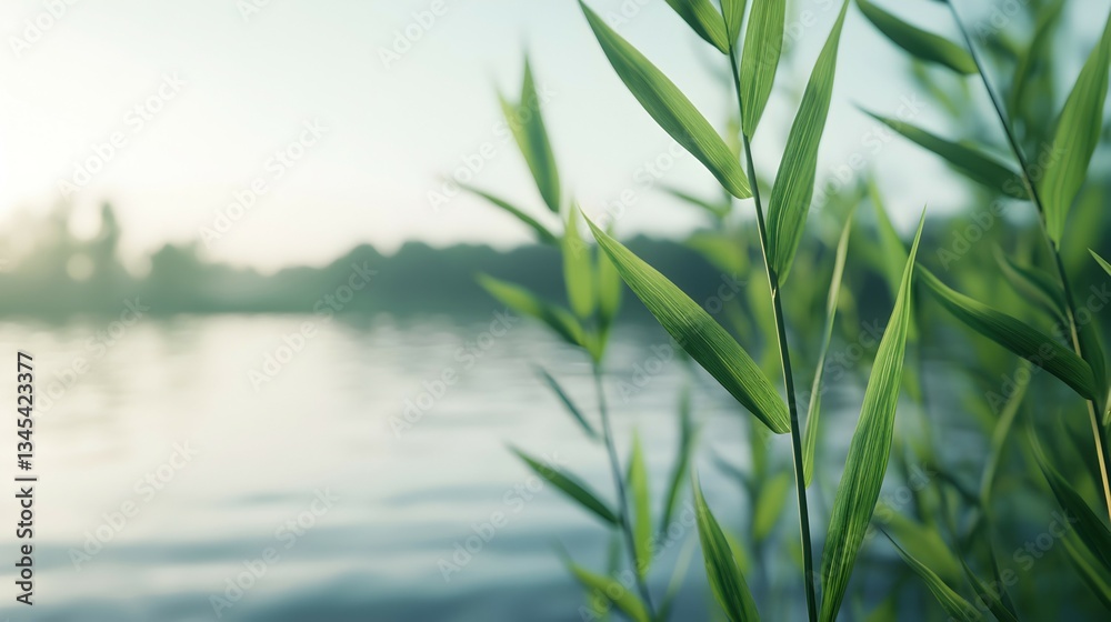 Obraz premium Lush Green Leaves Near Calm Water in Morning Light