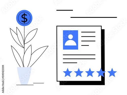 Potted plant grows with dollar sign, resume document with profile image, and star ratings. Ideal for recruitment, growth, career, talent, evaluation success financial progress. Flat simple metaphor