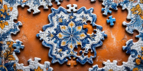 Jigsaw puzzle recreating a traditional portuguese azulejo tile on orange background