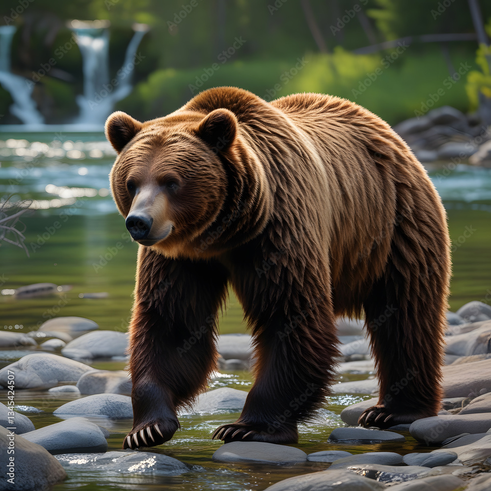 Obraz premium Capture the raw beauty of nature with this breathtaking image of a majestic brown bear walking along the rocky shore of a pristine river. Surrounded by lush greenery