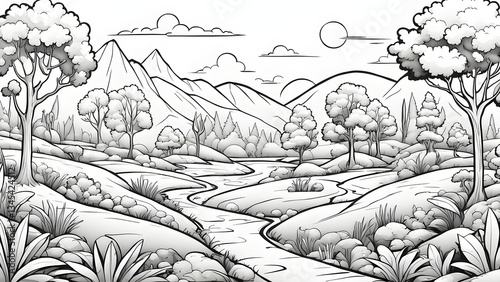 A captivating monochrome illustration depicts a tranquil river winding through a lush valley, nestled amidst majestic mountains under a serene sky.