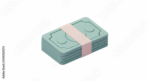 Stack of Cartoon Money Tied with Band on White Background