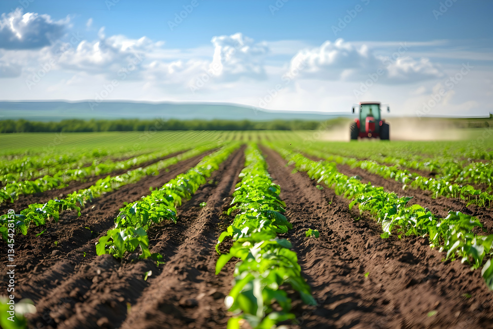 Obraz premium Vibrant green crops growing in rows with a tractor plowing in the background under a blue sky