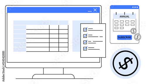 Computer screen showing subscription data table, checklist, and calendar for annual payments. Ideal for planning, organization, productivity, subscription, billing finance workflow. Flat simple