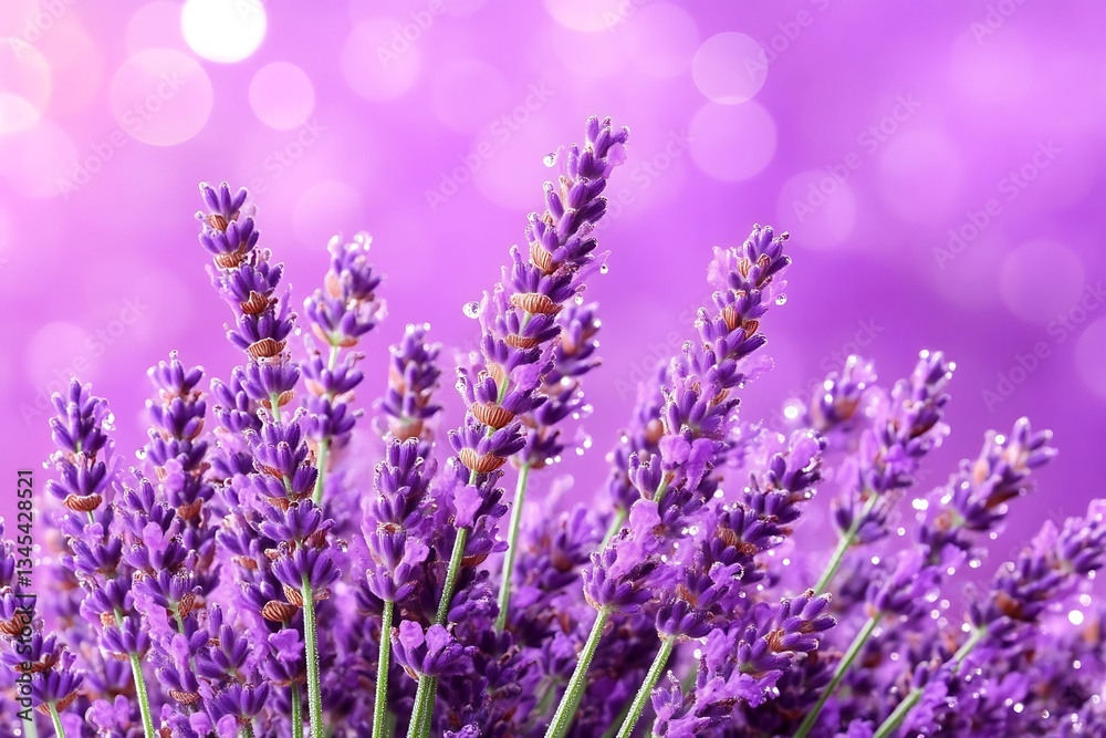 Naklejka premium Dewy Lavender Blossoms for Purple Background.