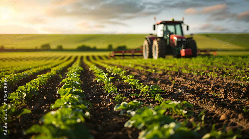 Vibrant farmland with a red tractor cultivating rows of crops under a golden sunset sky Vibrant farmland with a red tractor cultivating rows of crops under a golden sunset sky