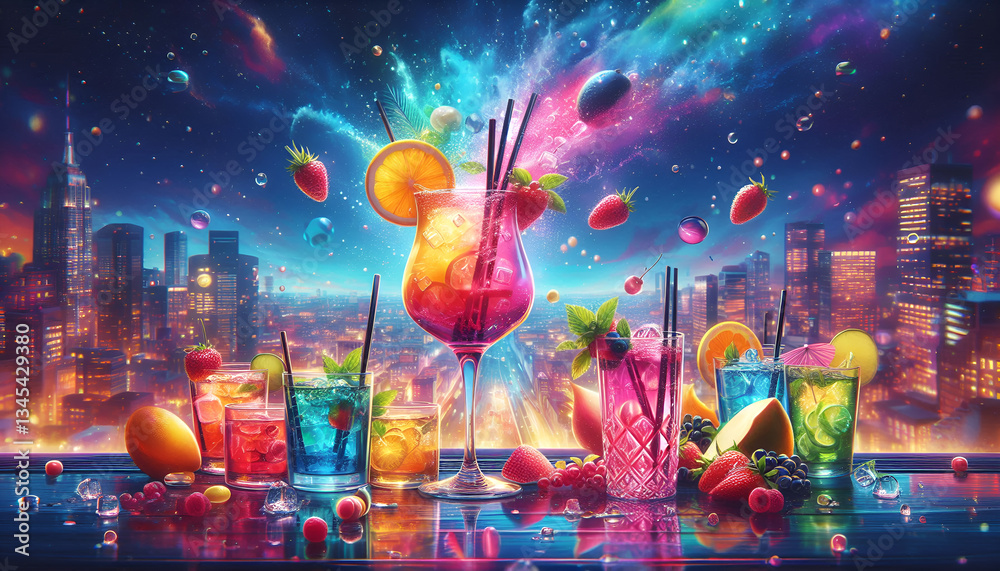 Obraz premium Bright Colorful Cocktails with Fruits and Neon Lights