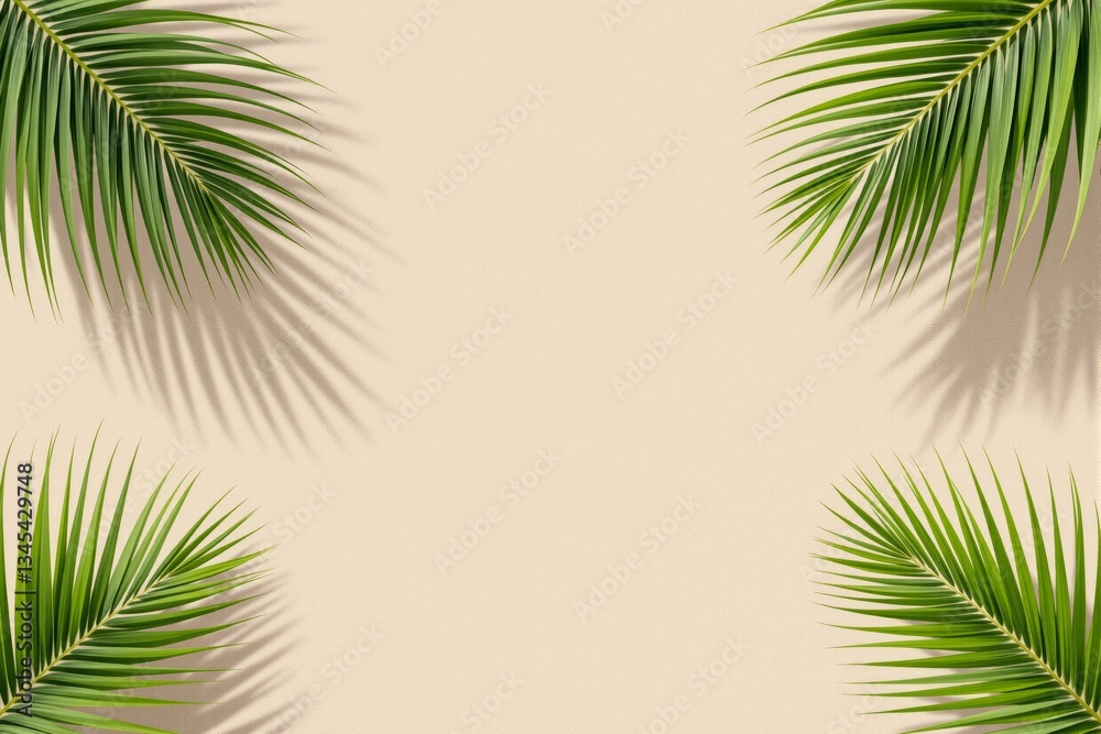 Naklejka premium Tropical palm leaves with shadows on beige background.
