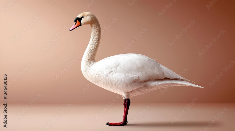 Fototapeta premium Elegant Swan's Grace: A pristine white swan stands tall in profile, its elegant neck arched, a symbol of poise and natural beauty, casting a soft, inviting shadow.