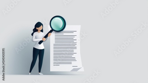 Person examining a document with a large magnifying glass illustration
