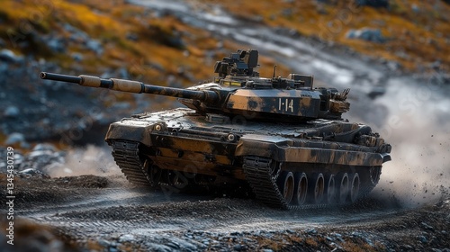 Military tank moving on a rough terrain