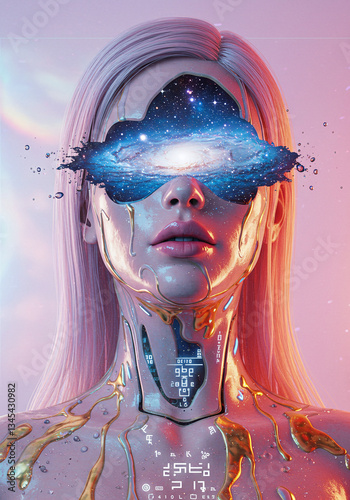 Surreal Cyborg with Galaxy Eyes - Futuristic and Cosmic Digital Art