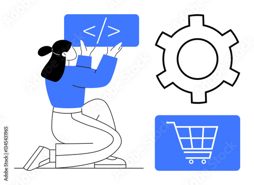 Wallpaper Mural Woman holding coding card, accompanied by gear and shopping cart icons. Ideal for coding, development, ecommerce, optimization, software, business modern technology. Flat simple metaphor Torontodigital.ca