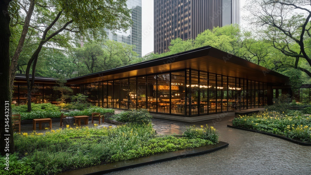 Modern Glass Pavilion in a Rain-Kissed Garden Modern Glass Pavilion in a Rain-Kissed Garden
