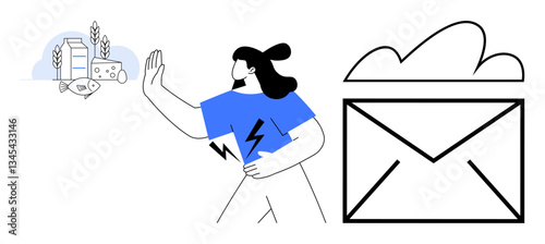 Woman with hand raised toward unhealthy food, wearing blue shirt. Highlights sustainability, digital communication, diet control. Ideal for health, technology, spam protection, lifestyle rejection
