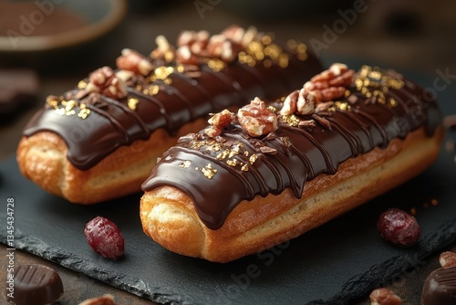 artisanal french eclair with dark chocolate glaze and gold leaf on black slate dramatic food photography