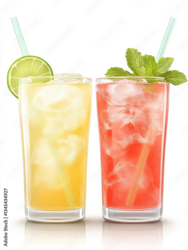 Refreshing summer drinks in clear glasses with ice, garnished with lime and mint leaves Refreshing summer drinks in clear glasses with ice, garnished with lime and mint leaves