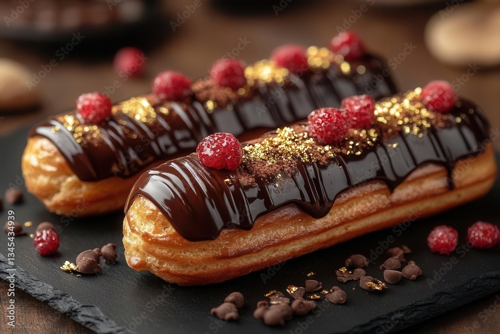 artisanal french eclair with dark chocolate glaze and gold leaf on black slate dramatic food photography