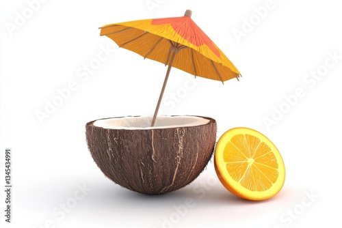 Wallpaper Mural A refreshing coconut drink with a colorful umbrella and a slice of orange on a white background Torontodigital.ca