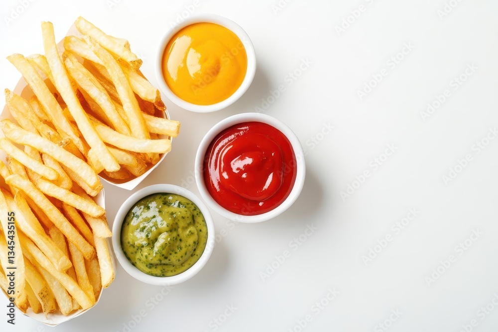 artisanal french fries composition with vibrant dipping sauces styled minimally on clean white surface with soft shadows