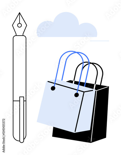 Pen with fountain nib positioned next to shopping bags under a cloud. Ideal for shopping, writing, creativity, consumerism, retail, marketing, cloud computing. Abstract line flat metaphor