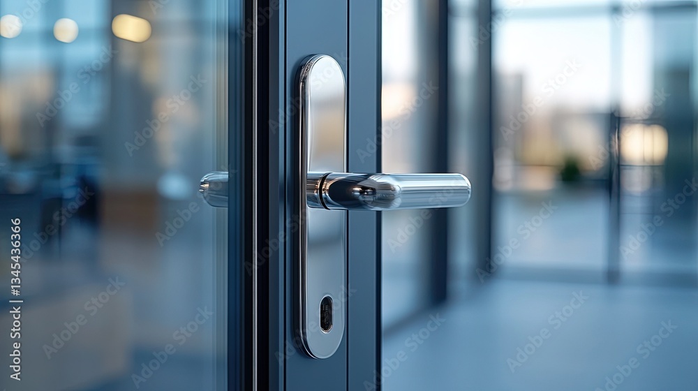 Close-up of a modern silver door handle on a glass door, featuring a sleek lock mechanism Close-up of a modern silver door handle on a glass door, featuring a sleek lock mechanism
