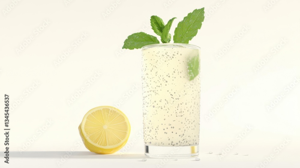 Fototapeta premium Refreshing lemon mint drink served in a tall glass with a lemon half beside it on a light background