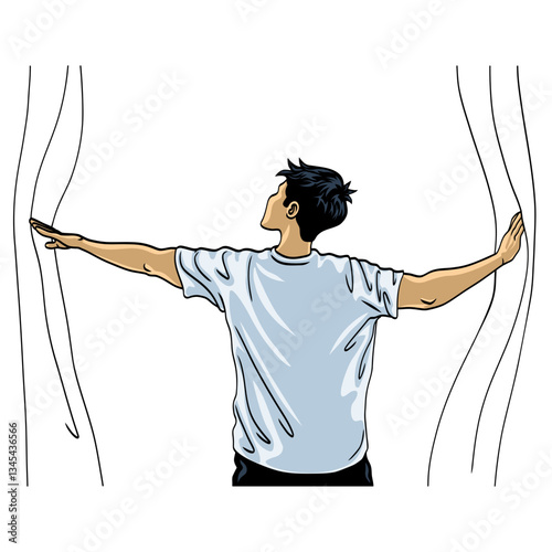Man Opens Curtains Window Enjoying Fresh Air Illustration Vector
