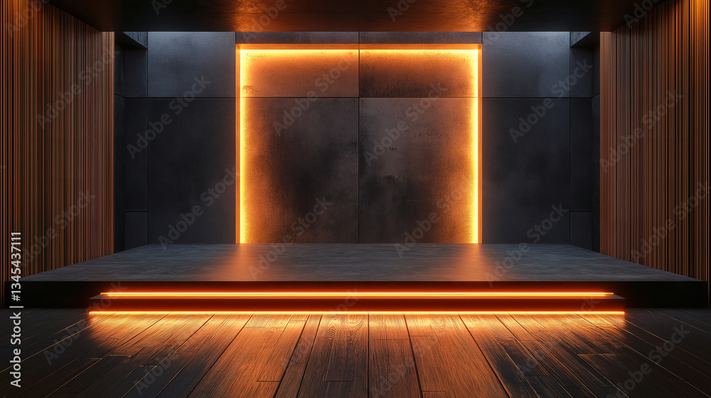 Fototapeta premium Futuristic stage display illuminated by vibrant neon electric lights for modern aesthetics