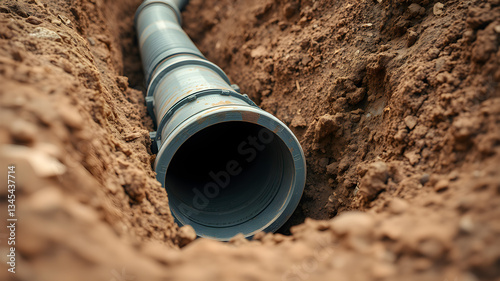 Wallpaper Mural A corrugated drainage pipe lies in a freshly dug trench, ready to channel water away from a construction site or landscape Torontodigital.ca
